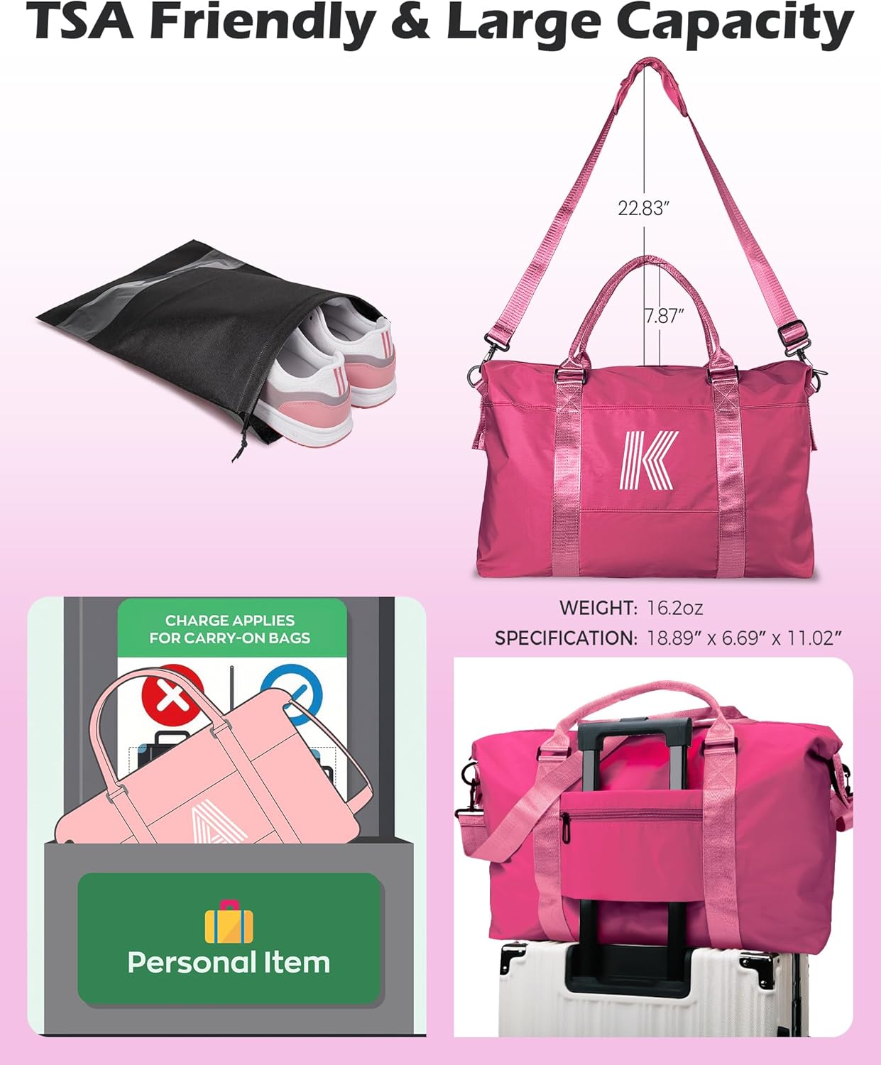 Tween Girl Trendy Stuff, Birthday Gift, Girls Initial Travel Bag, Sports Bag, Monogrammed Bags for Girls, Personalized Weekender Bag, Monogram Overnight Bag Gift for Her (Letter E)